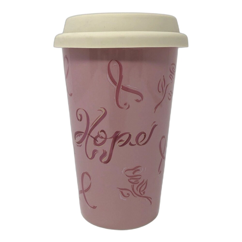VTG Longaberger Pottery Horizon of Hope Travel Mug w/Lid VTG Pink Ribbon Cup BCA